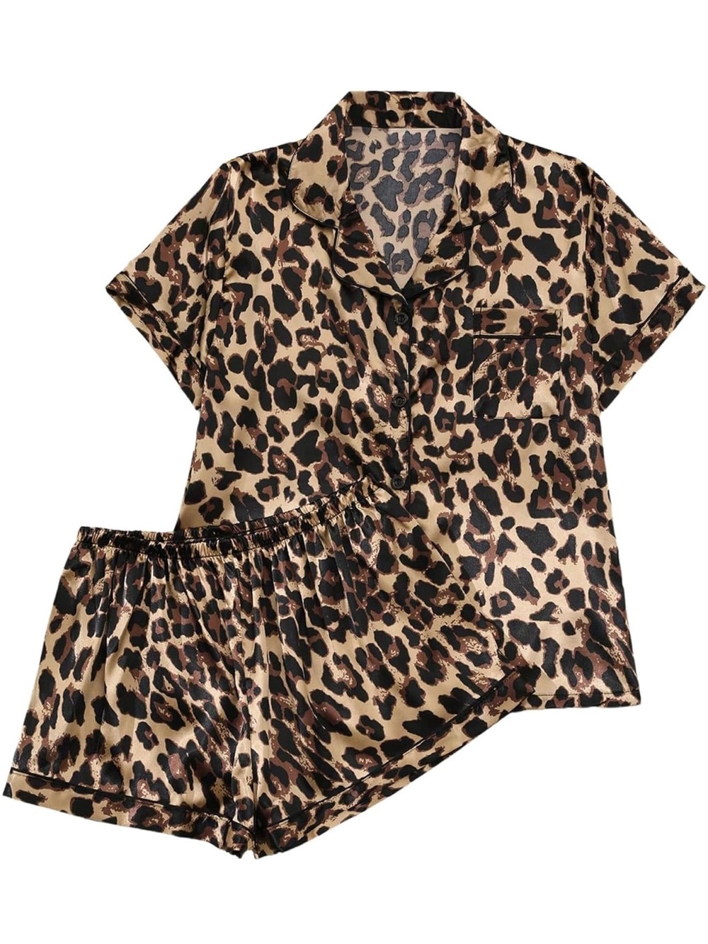 Leopard Satin Short Pajama Set - Brown